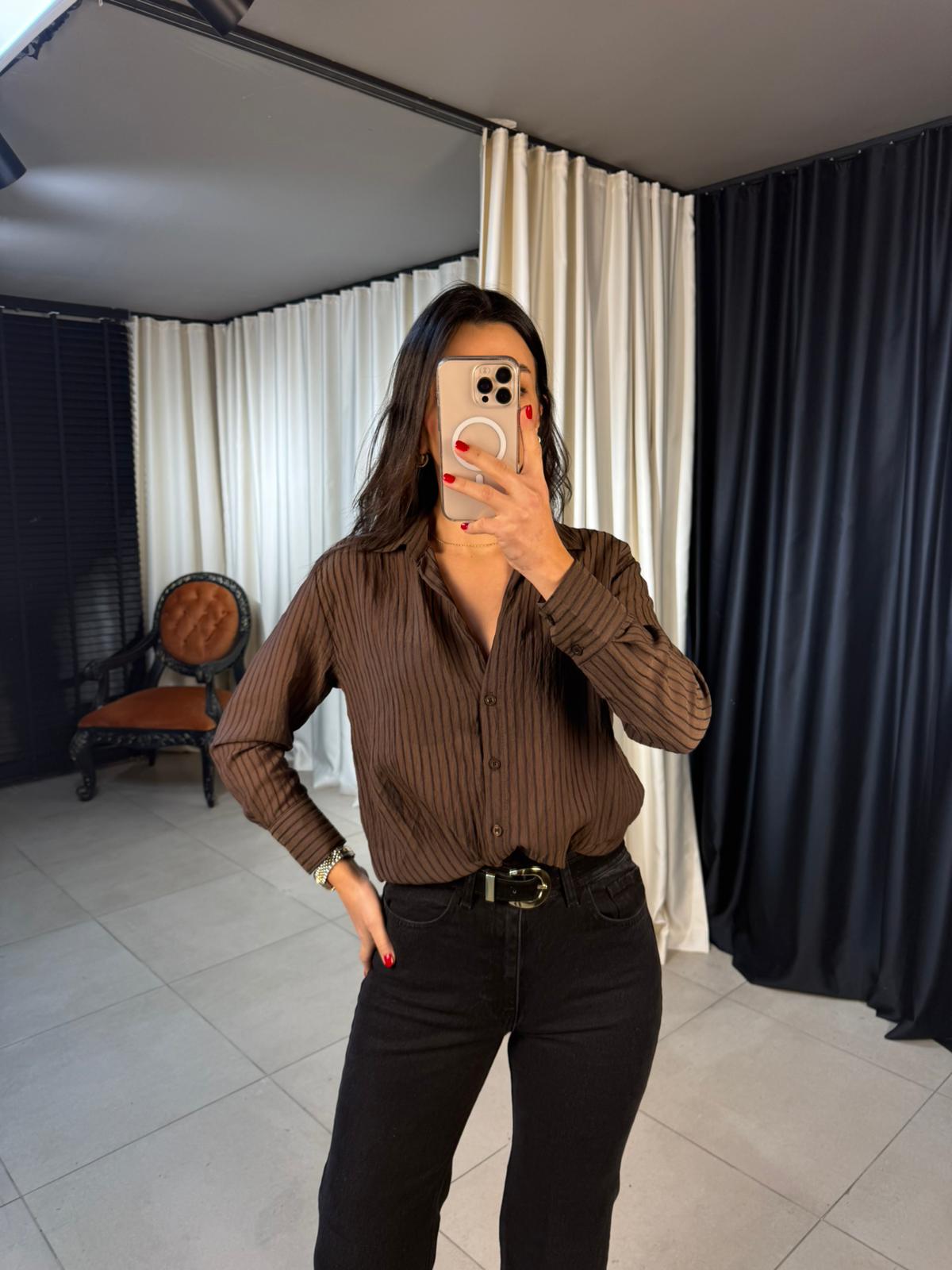 Çizgili Tensel Gömlek - KAHVERENGİ