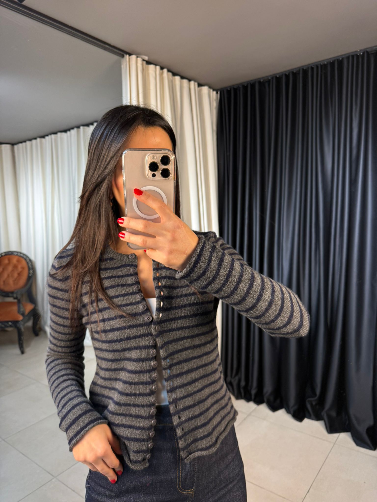 Çizgili Düğmeli 2 Renk Triko