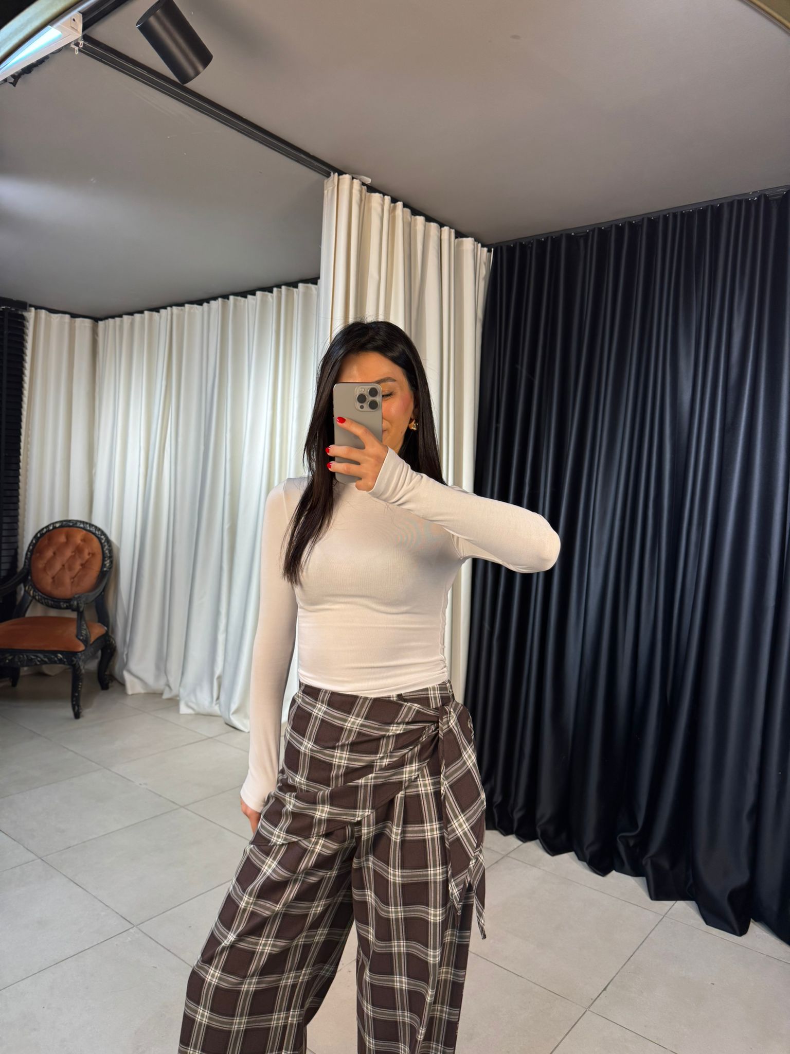 Yan Kuşaklı Ekose Desen Pantolon