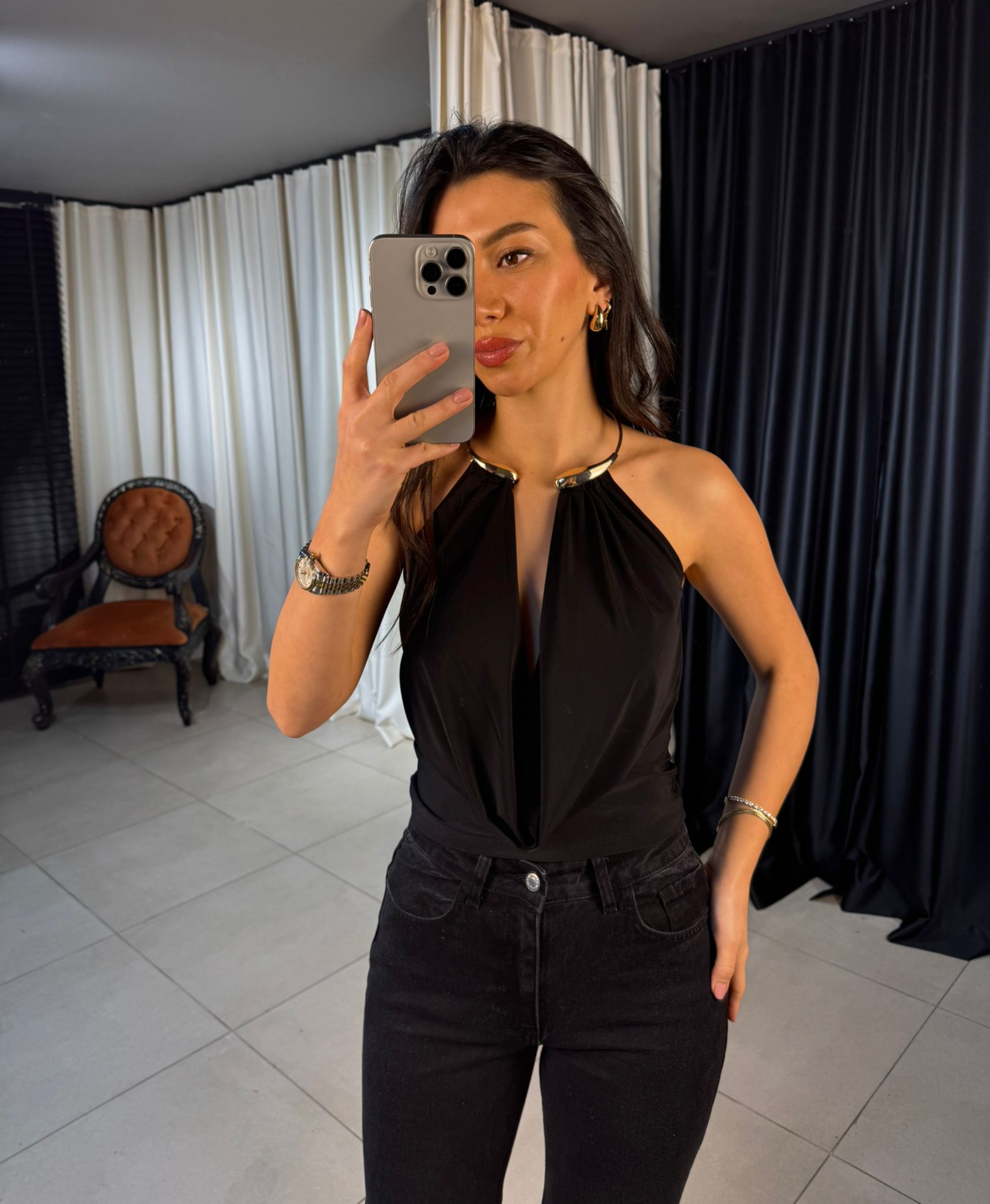 Gold Kolyeli Bluz - SİYAH