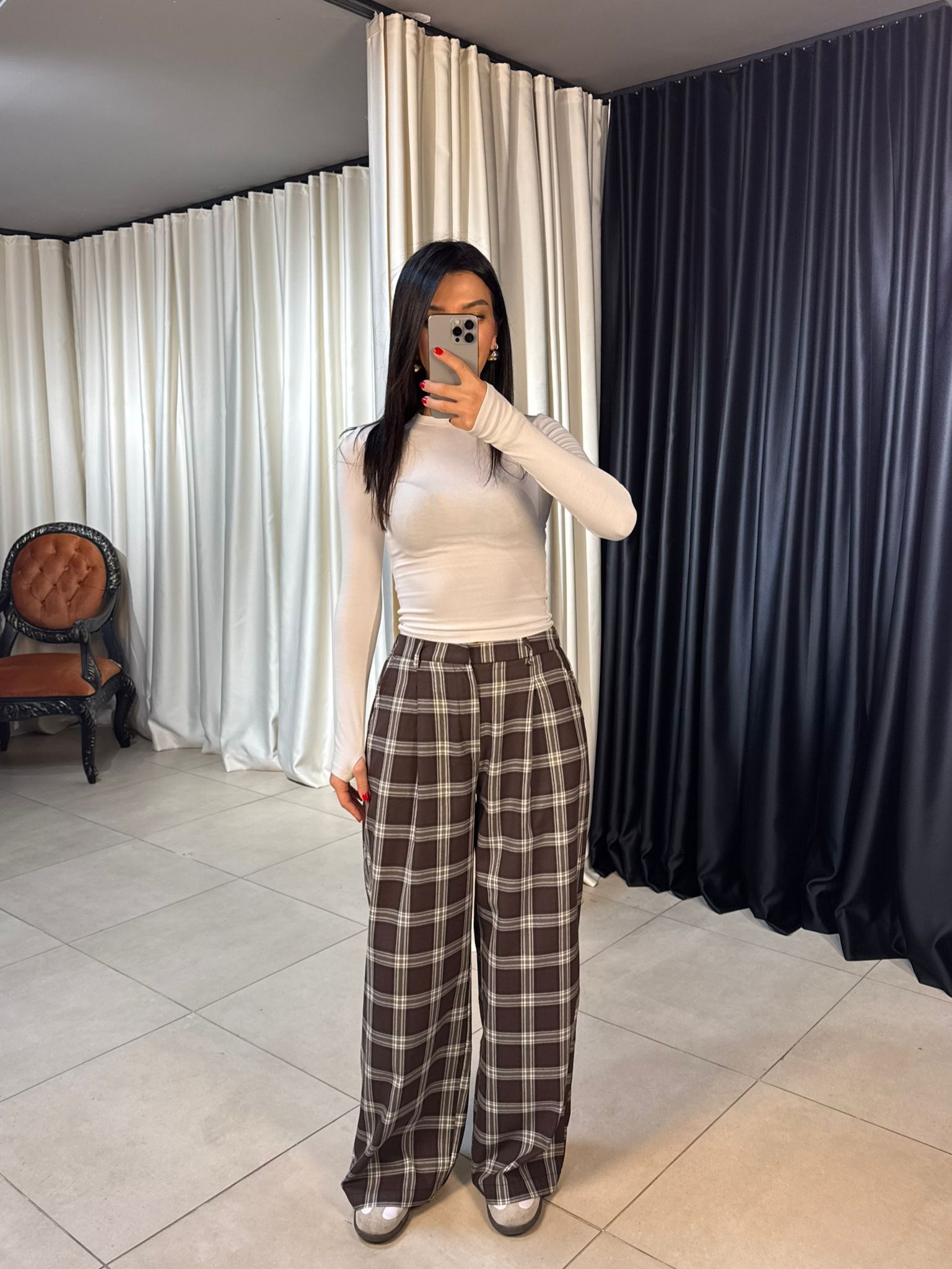 Yan Kuşaklı Ekose Desen Pantolon