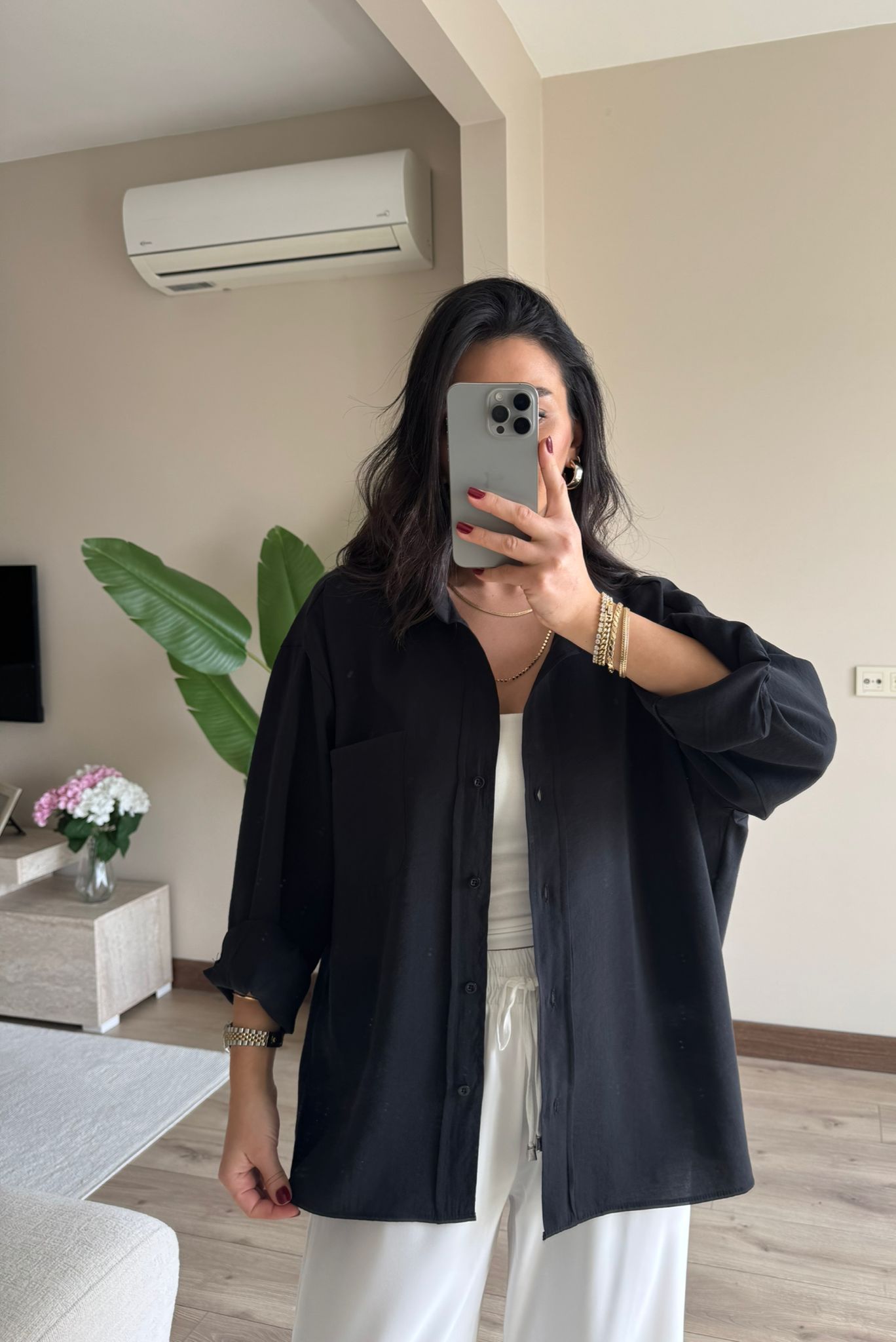 Oversize Tensel Gömlek - SİYAH