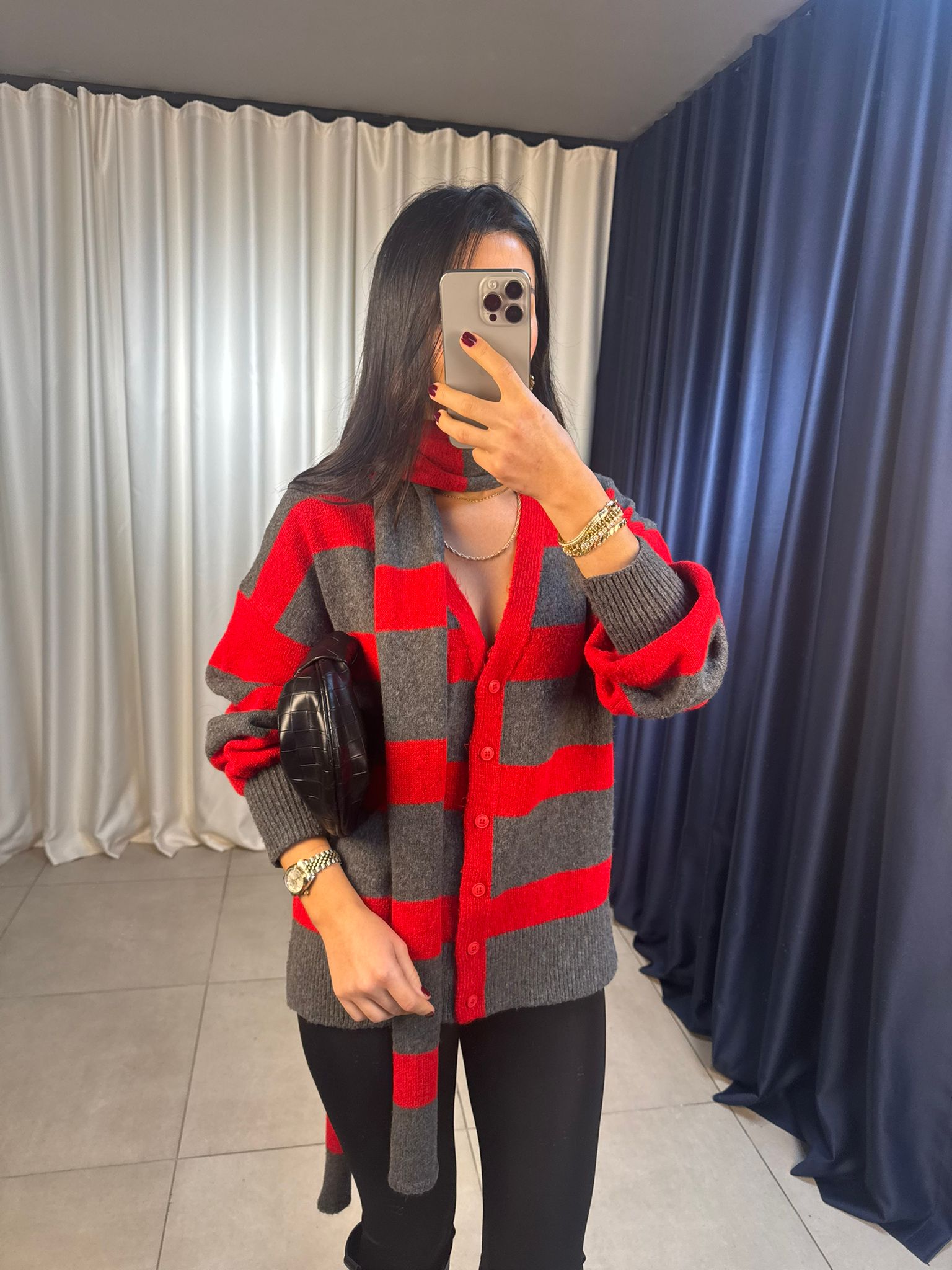 Atkılı Çizgili Hırka Kırmızı Antrasit