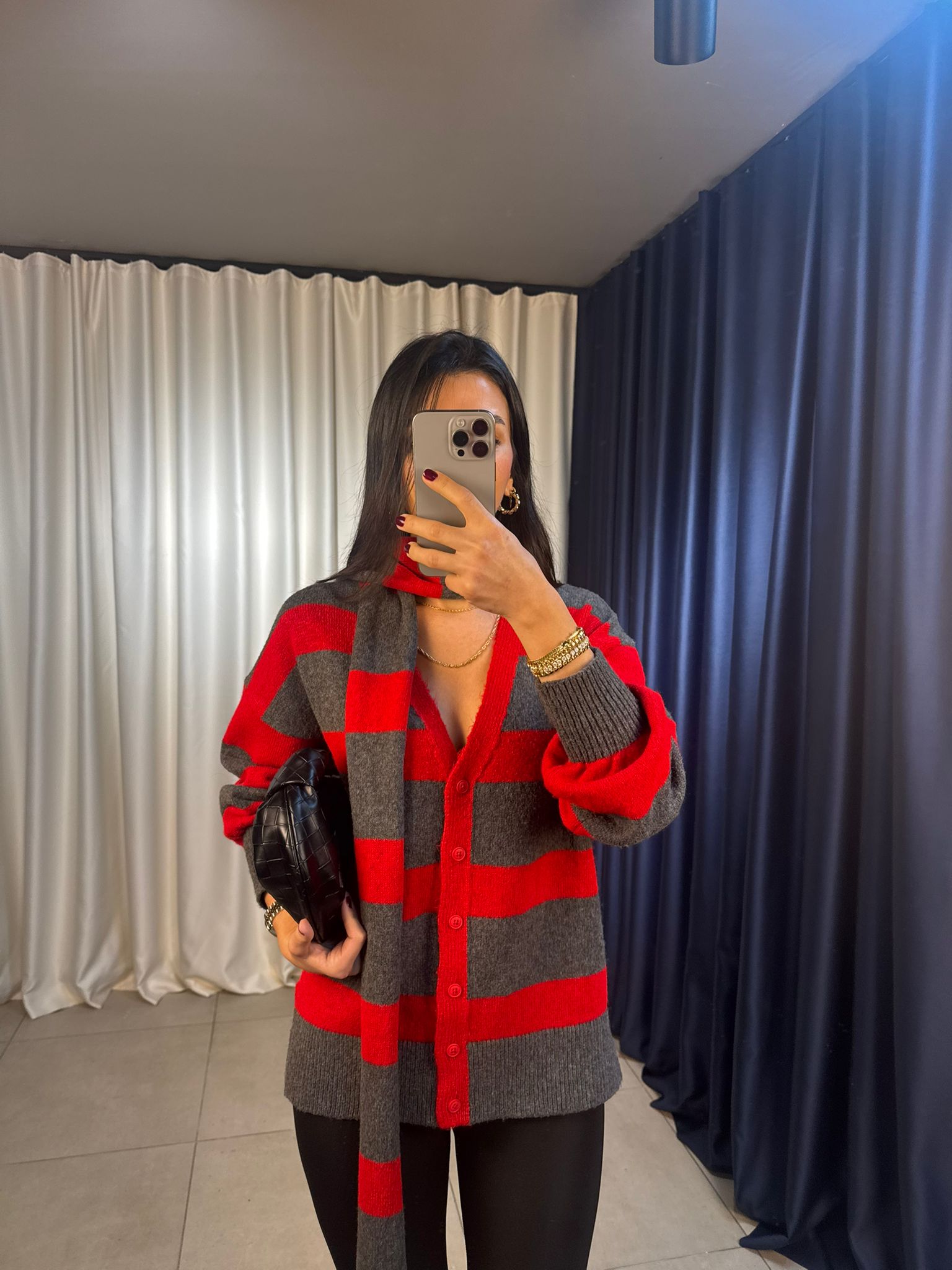 Atkılı Çizgili Hırka Kırmızı Antrasit