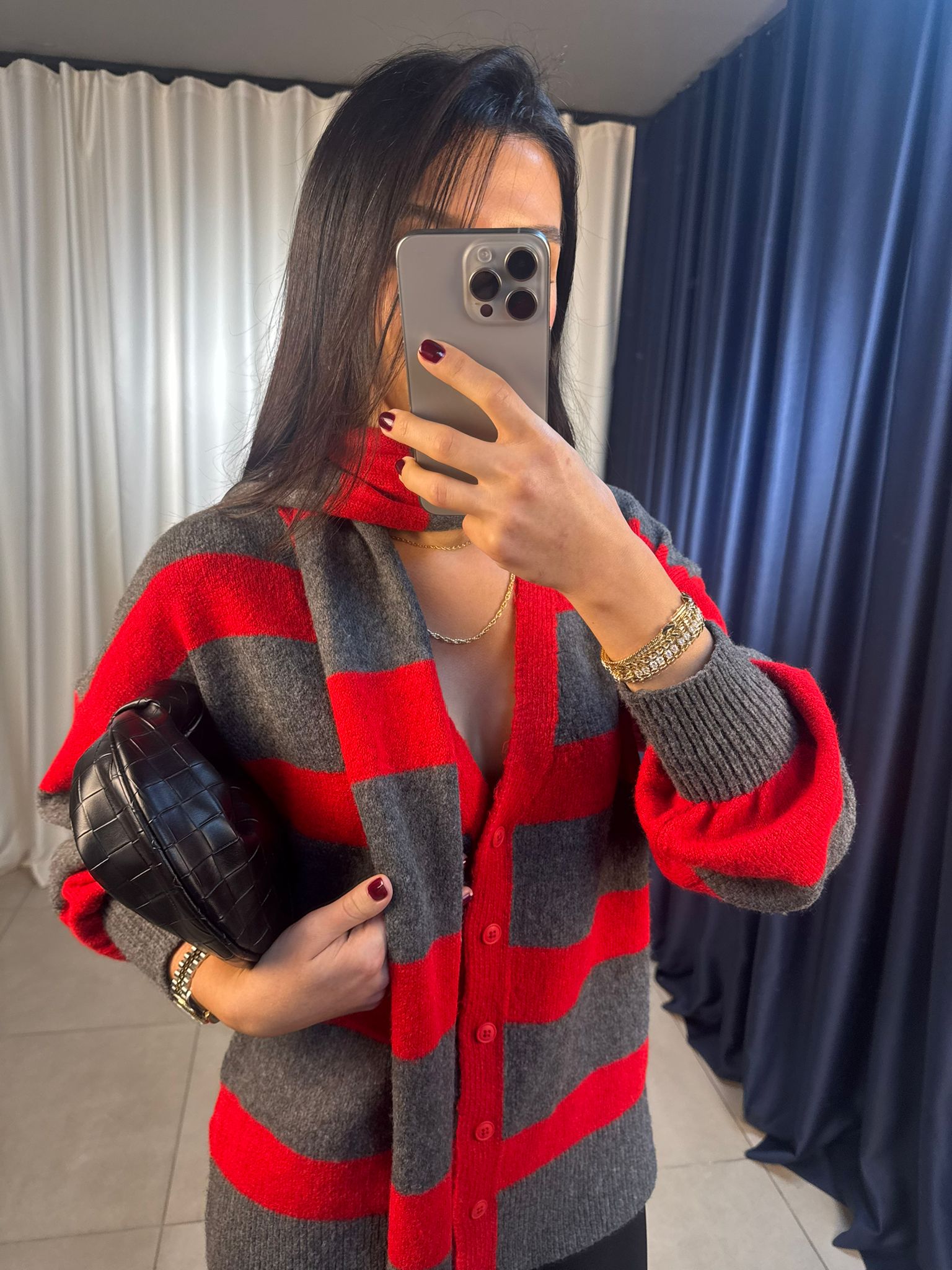 Atkılı Çizgili Hırka Kırmızı Antrasit