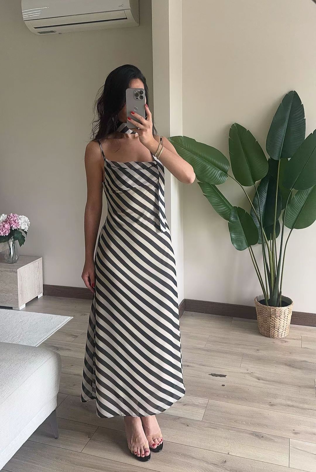 Çizgili Askılı Elbise Ekru-Kahve