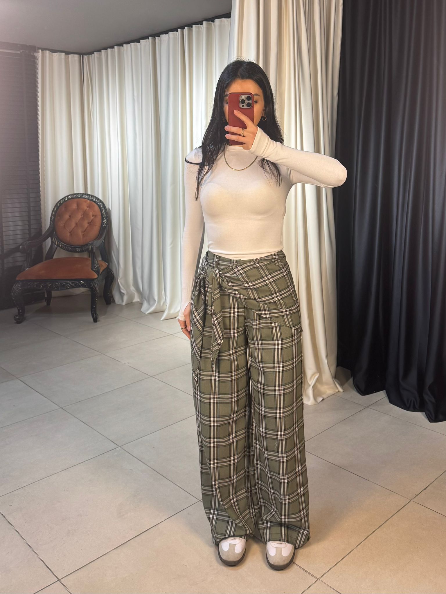 Kuşaklı Ekose Desen Pantolon - YEŞİL