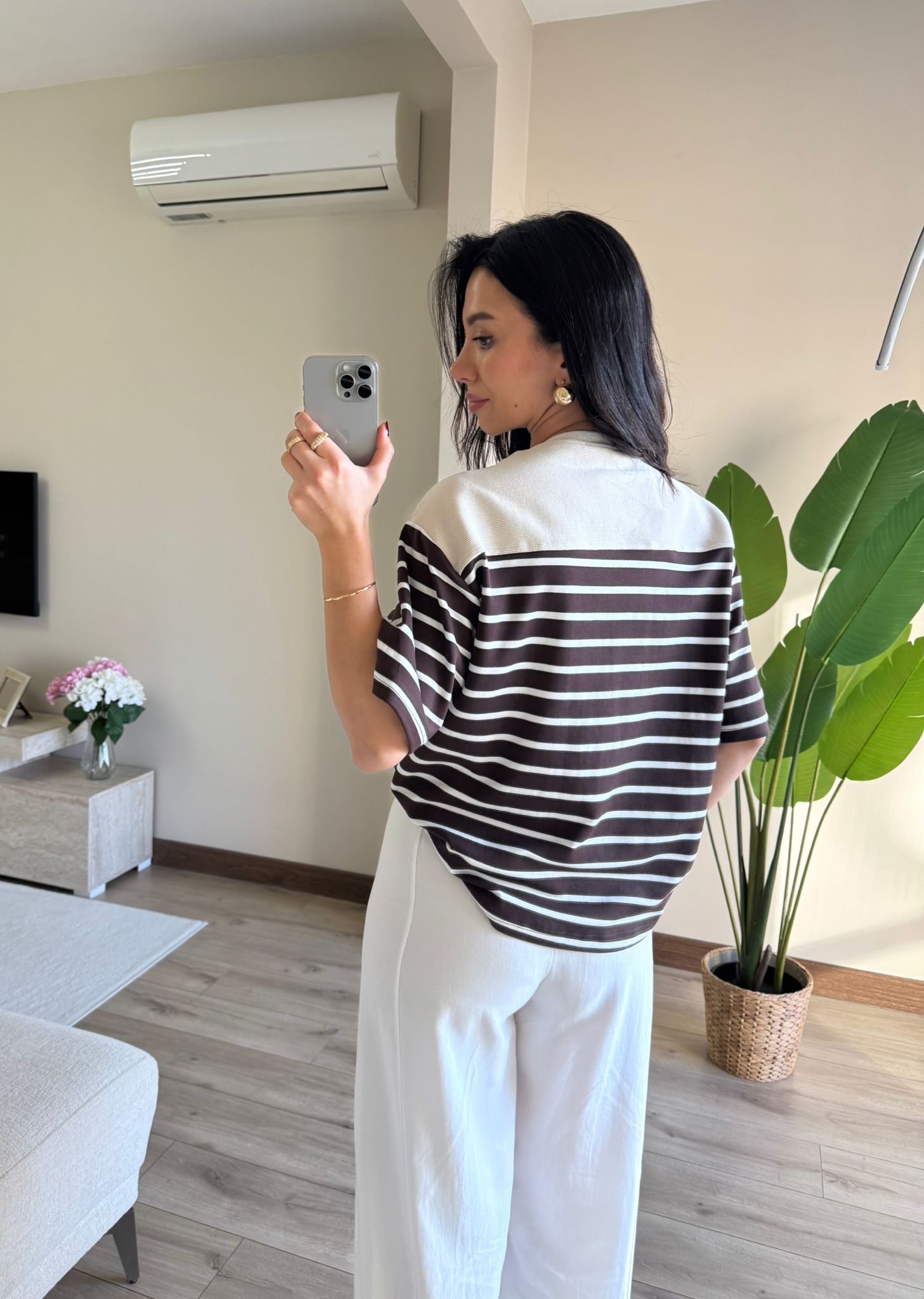 Kahve Beyaz Çizgili Ekru Şal Bağlama Detaylı Tshirt