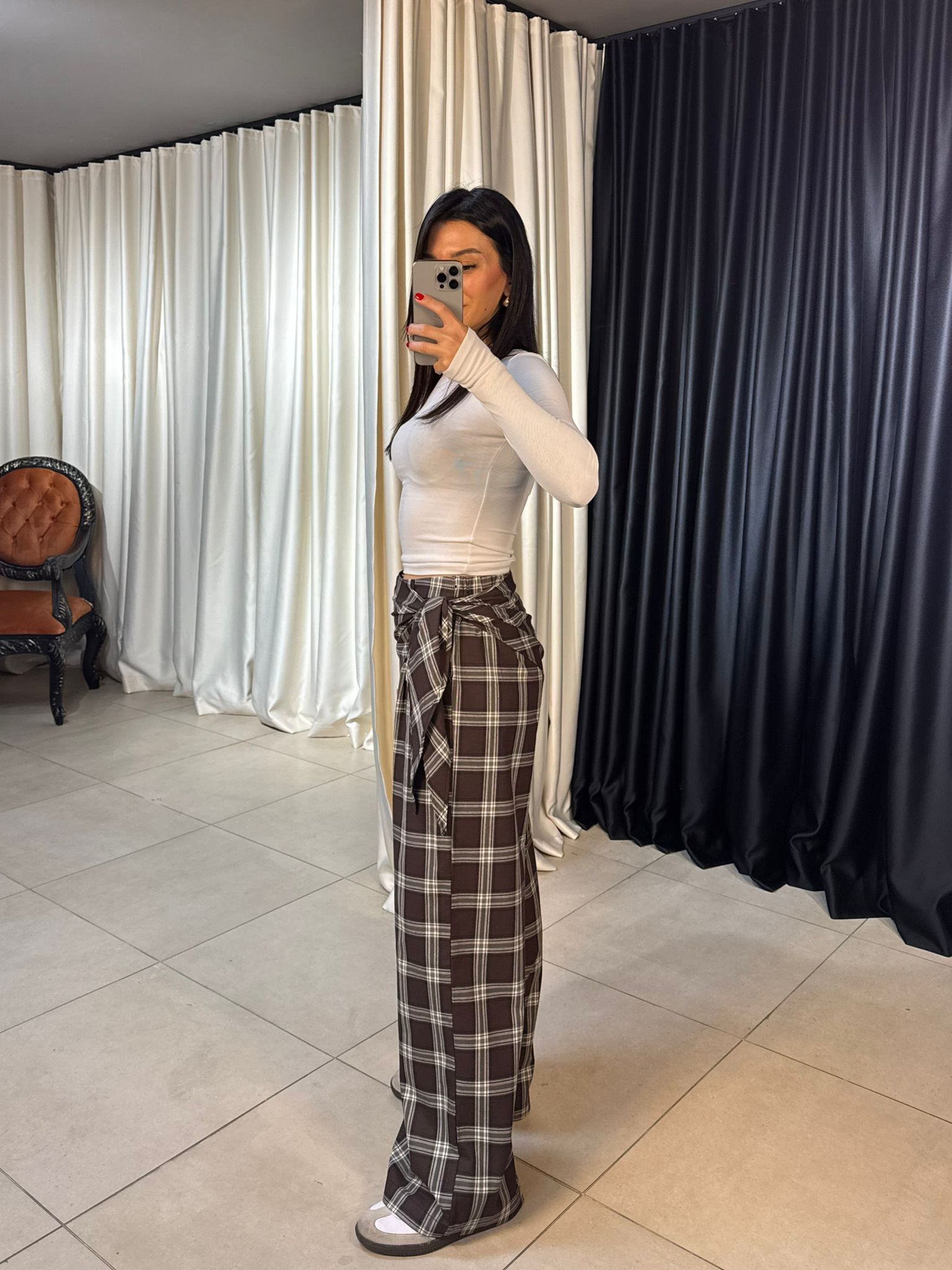 Yan Kuşaklı Ekose Desen Pantolon