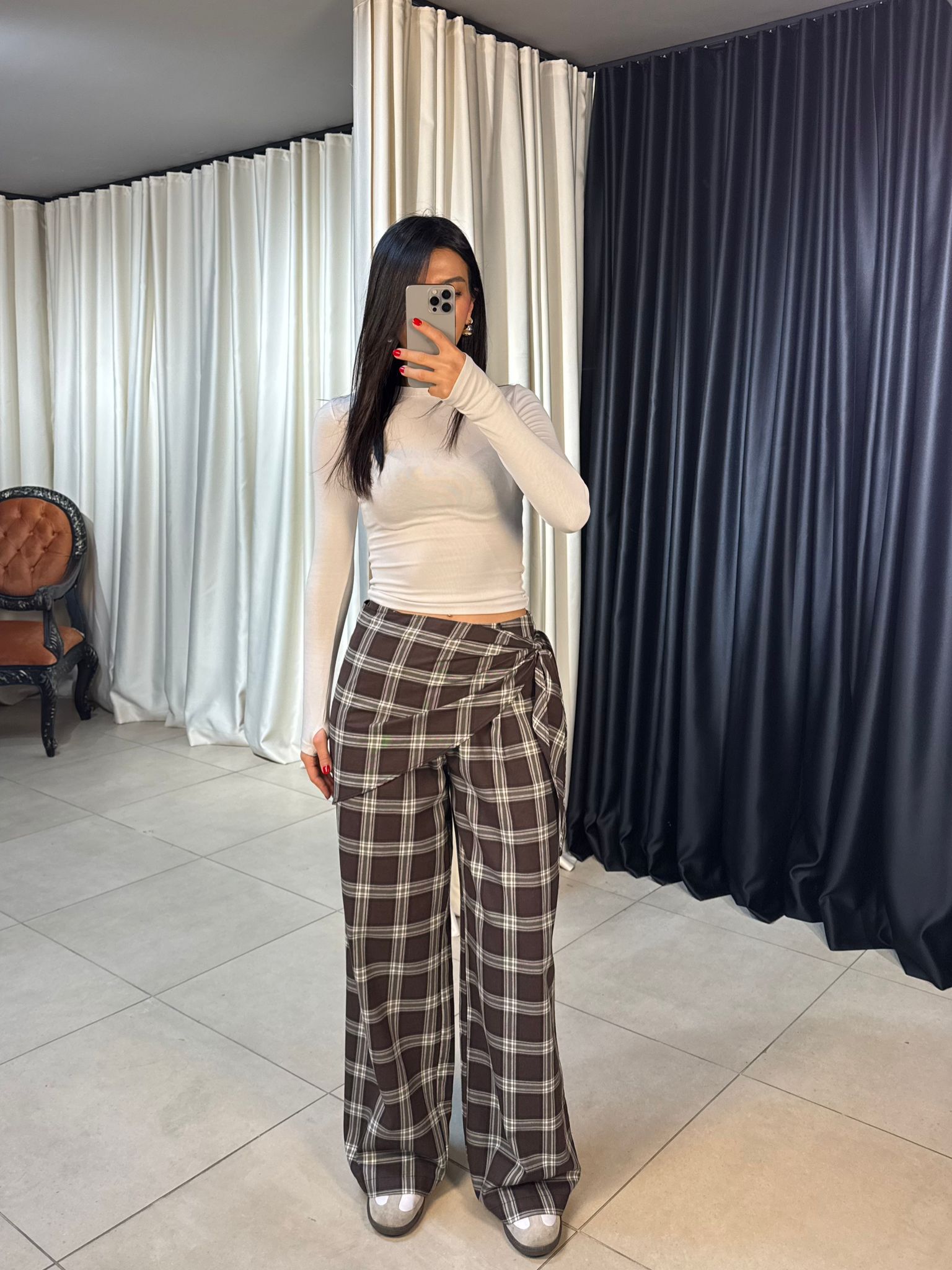 Yan Kuşaklı Ekose Desen Pantolon