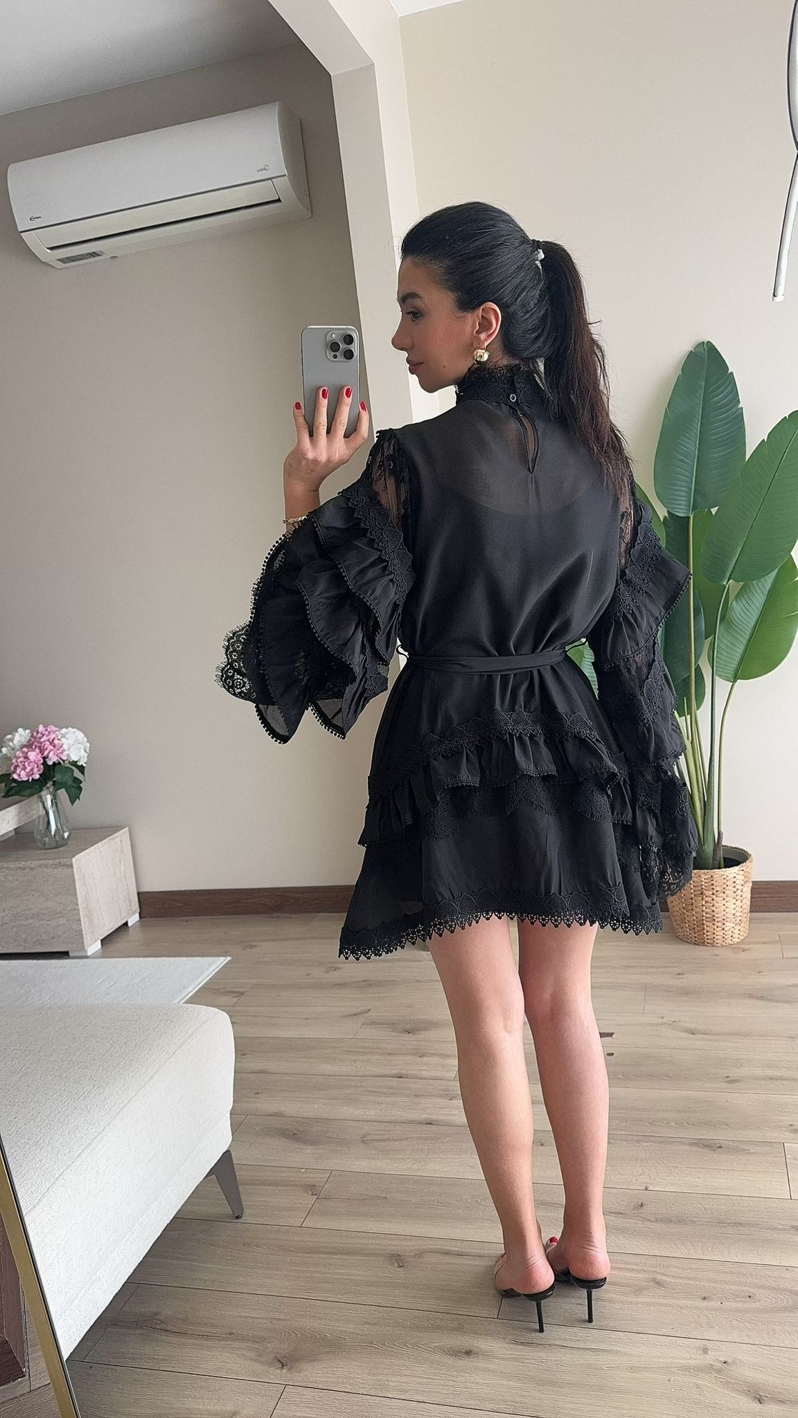Fisto Beli Kuşaklı Mini Tül Elbise