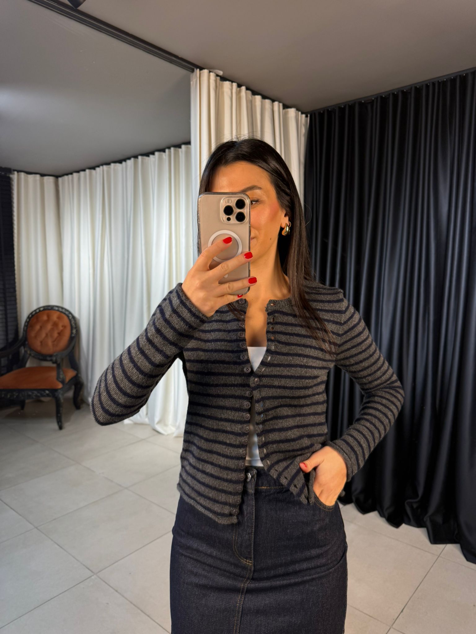 Çizgili Düğmeli 2 Renk Triko