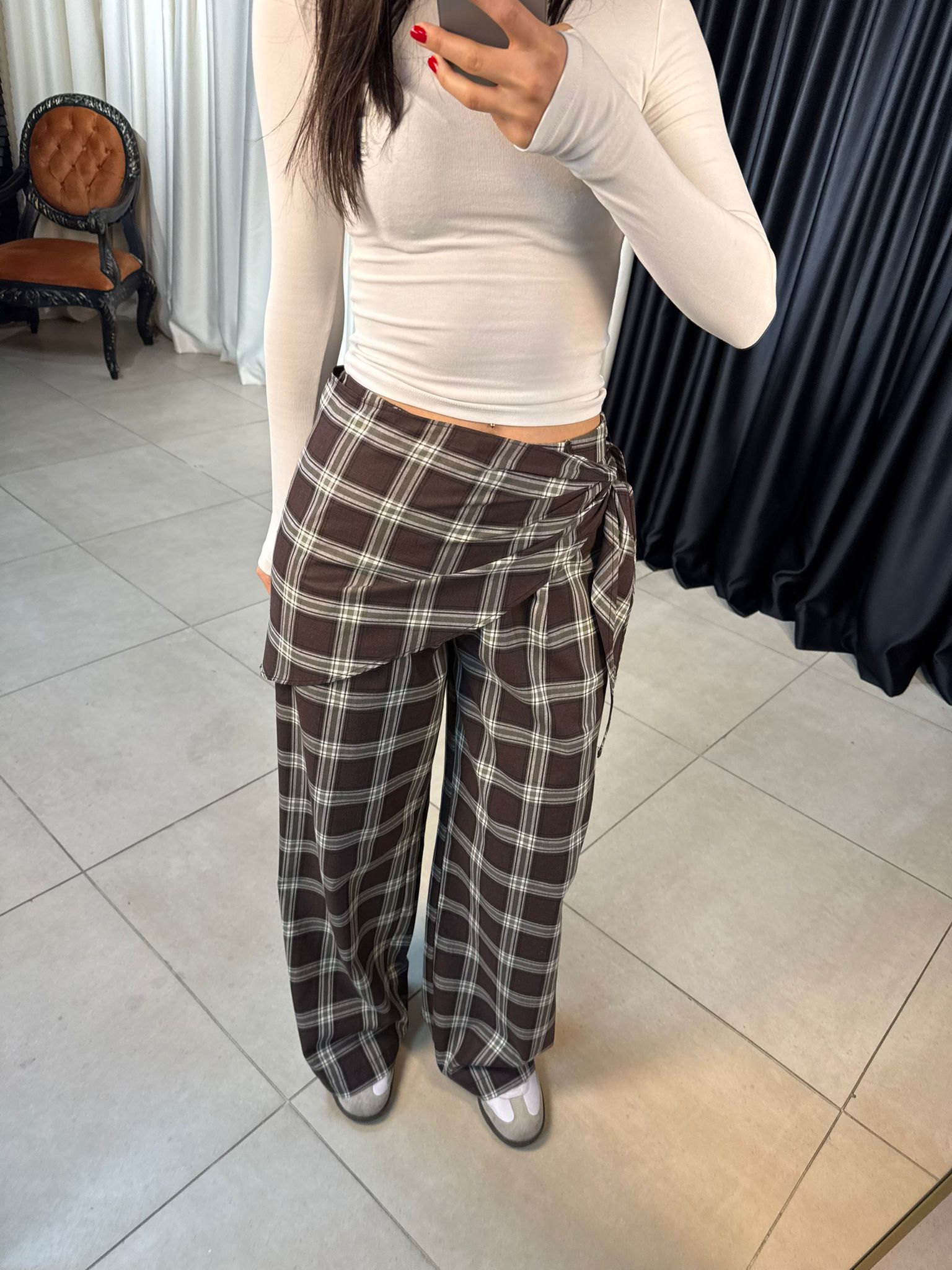 Yan Kuşaklı Ekose Desen Pantolon