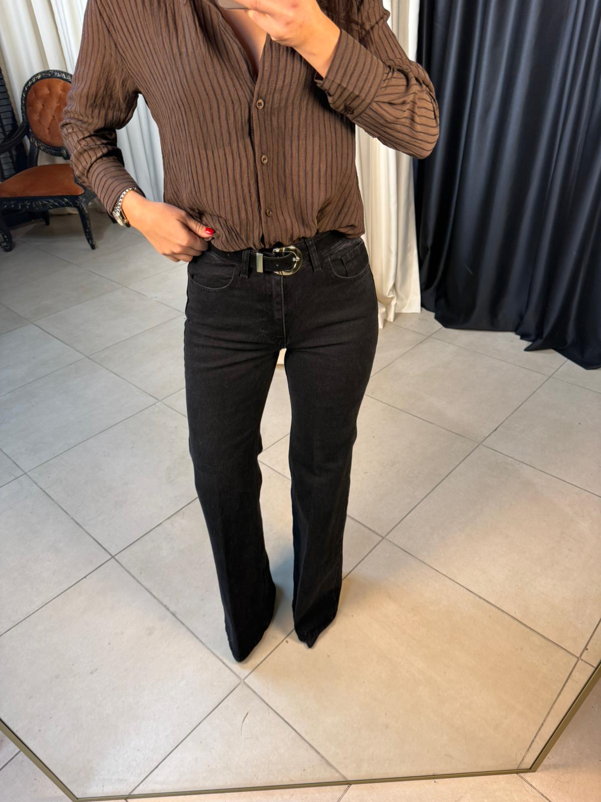 Yüksek Bel Siyah Kemerli Bol Paça Jean - SİYAH