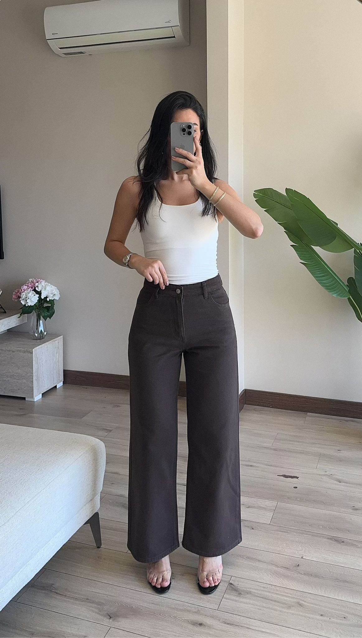 Arka Cepli Bol Paça Denim Pantolon - KAHVERENGİ