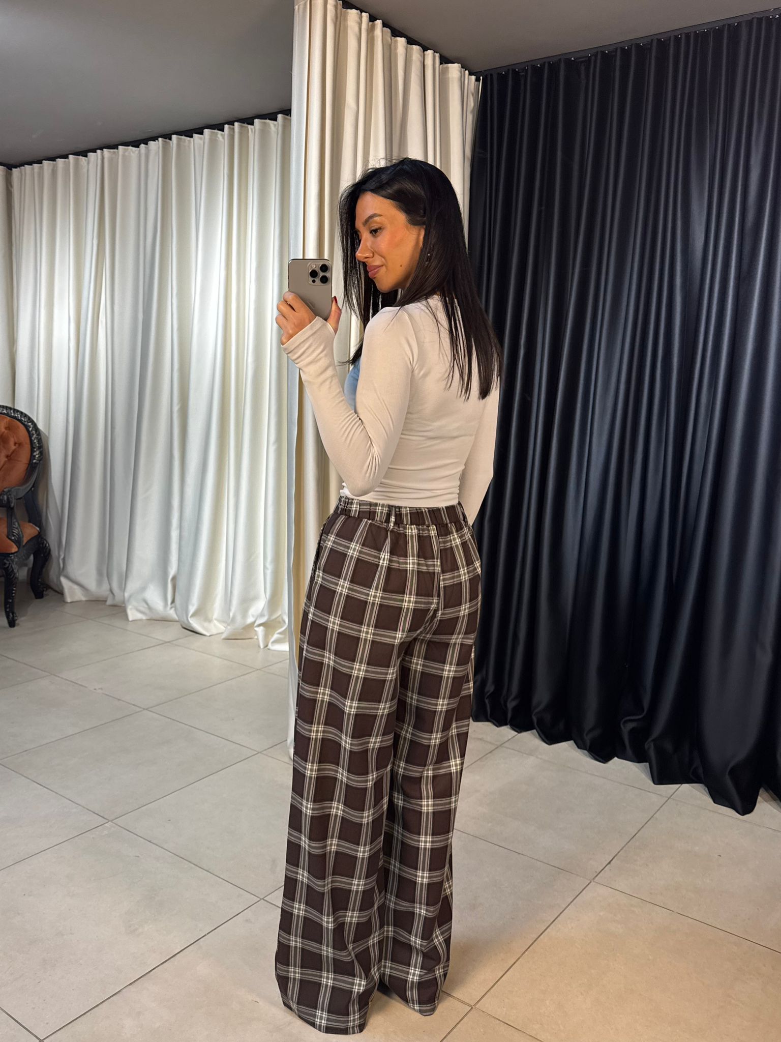 Yan Kuşaklı Ekose Desen Pantolon