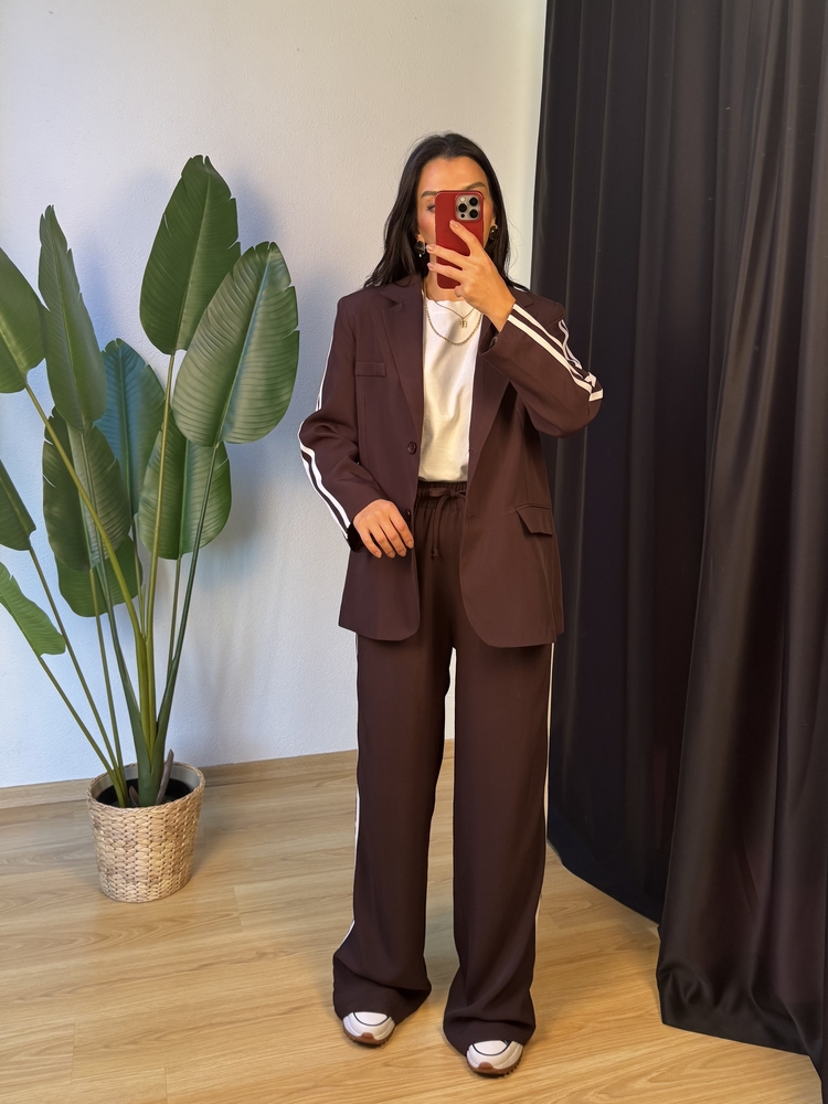 Blazer Ceket Palazzo Pantolon Şeritli Takım