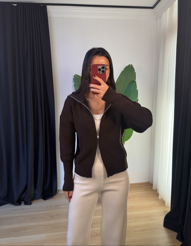 Çift Fermuarlı Zincir Örme Triko