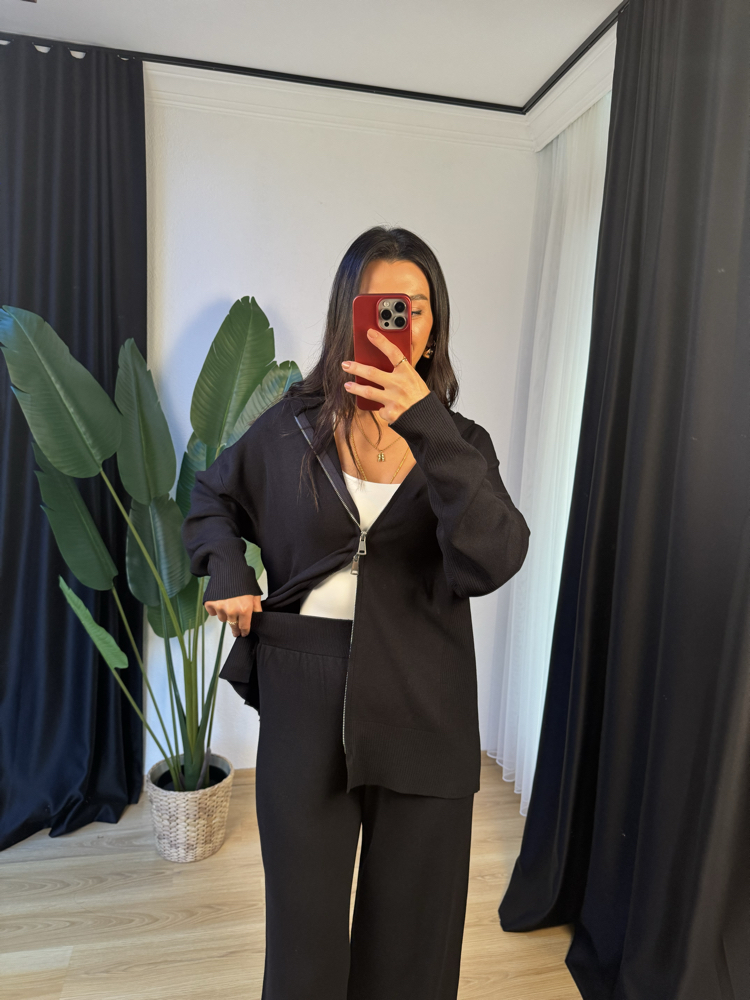 Çift Fermuarlı Kapüşonlu Triko Pantolon Takım