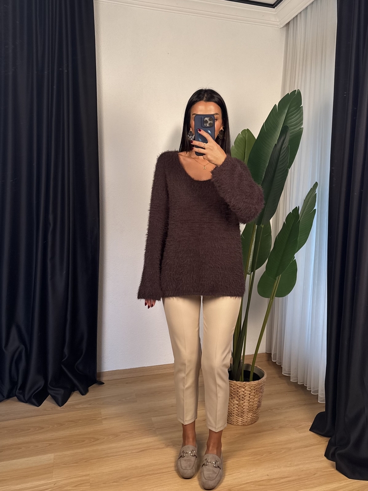 Oversize Tüylü Kazak KAHVERENGİ