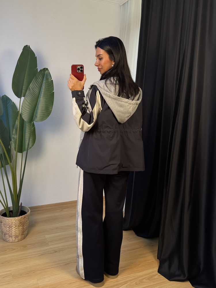 Lacivert Gri Kapüşonlu Garnili Takım