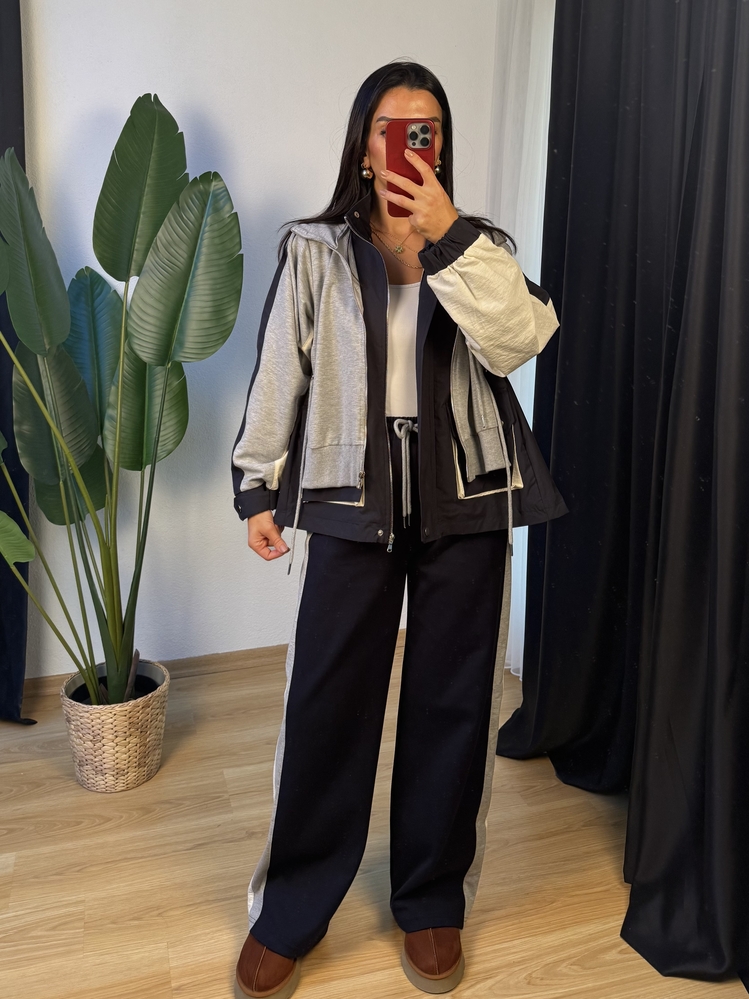 Lacivert Gri Kapüşonlu Garnili Takım